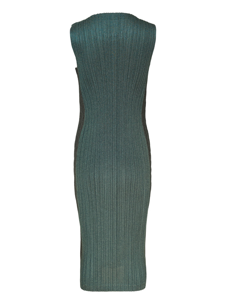 Pleats Please Issey Miyake sleeveless pleated midi dress in heathered deep teal with a round neckline and fitted silhouette - view 2