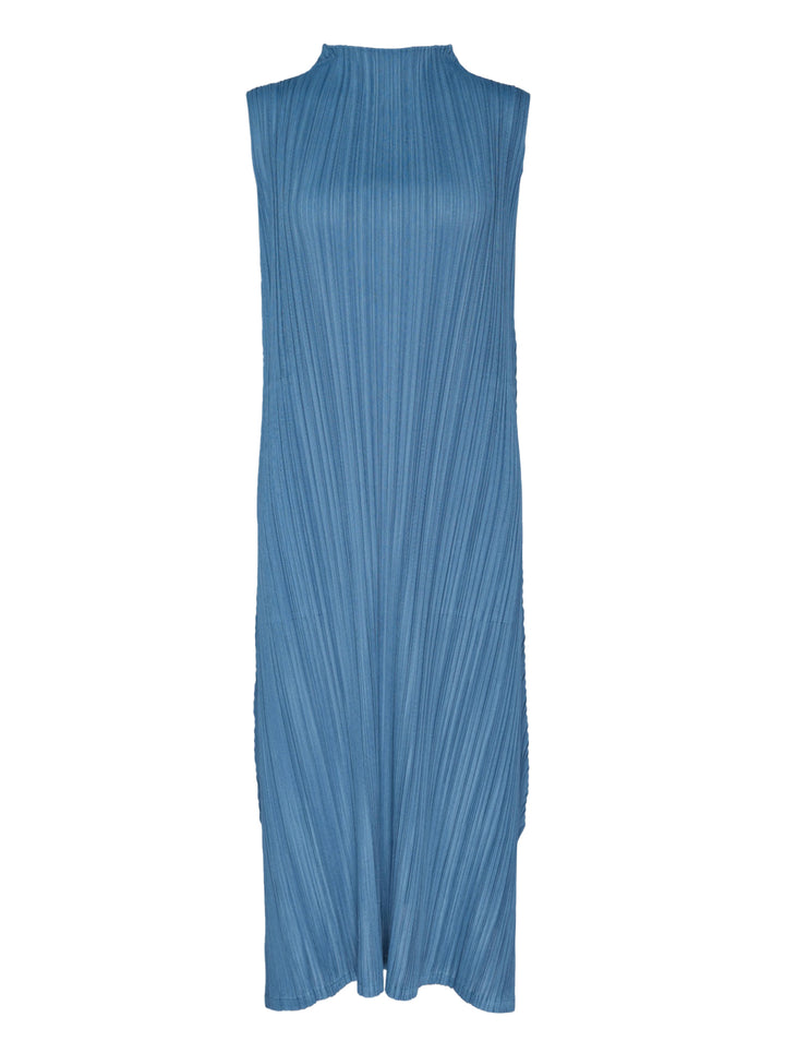 Pleats Please Issey Miyake Mellow Pleats sleeveless midi dress in steel blue with all-over permanent pleating and mock turtleneck collar, flat lay on white background