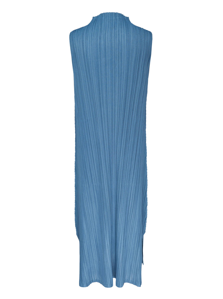 Pleats Please Issey Miyake Mellow Pleats sleeveless midi dress in steel blue with all-over permanent pleating and mock turtleneck collar, flat lay on white background - view 2