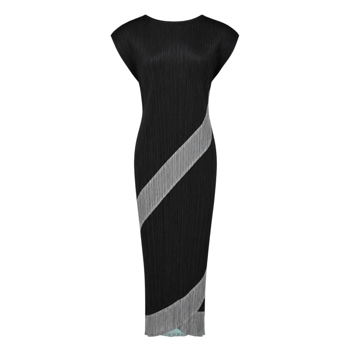 Pleats Please Issey Miyake TWIRL midi dress in black micro-pleated fabric with diagonal silver fringe stripe bands spiralling across the body