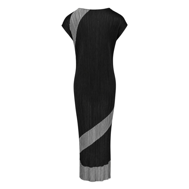 Pleats Please Issey Miyake TWIRL midi dress in black micro-pleated fabric with diagonal silver fringe stripe bands spiralling across the body