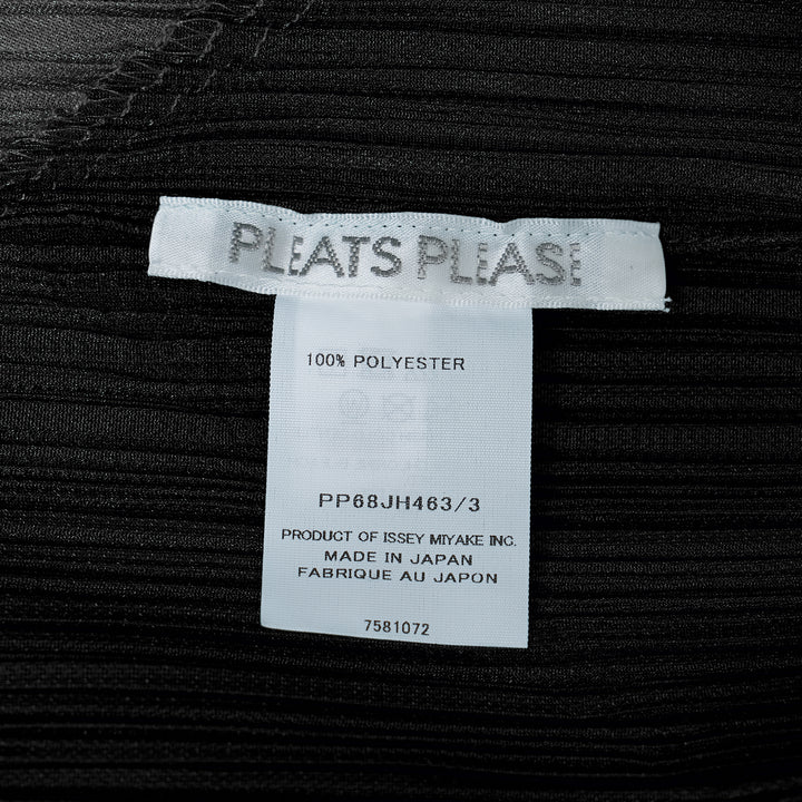 Pleats Please Issey Miyake TWIRL midi dress in black micro-pleated fabric with diagonal silver fringe stripe bands spiralling across the body