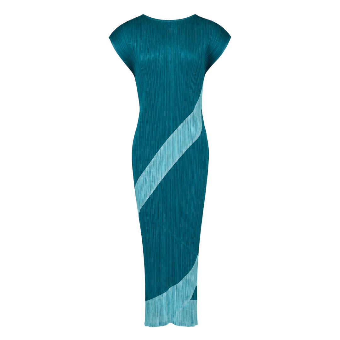Pleats Please Issey Miyake TWIRL midi dress in black micro-pleated fabric with diagonal silver fringe stripe bands spiralling across the body