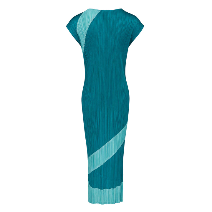 Pleats Please Issey Miyake TWIRL midi dress in black micro-pleated fabric with diagonal silver fringe stripe bands spiralling across the body