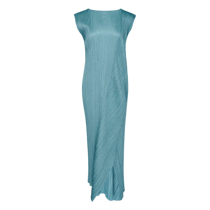 Pleats Please Issey Miyake Fold Dress in teal, featuring directionally engineered permanent pleats, sleeveless silhouette, wide square neckline, and asymmetric maxi hem