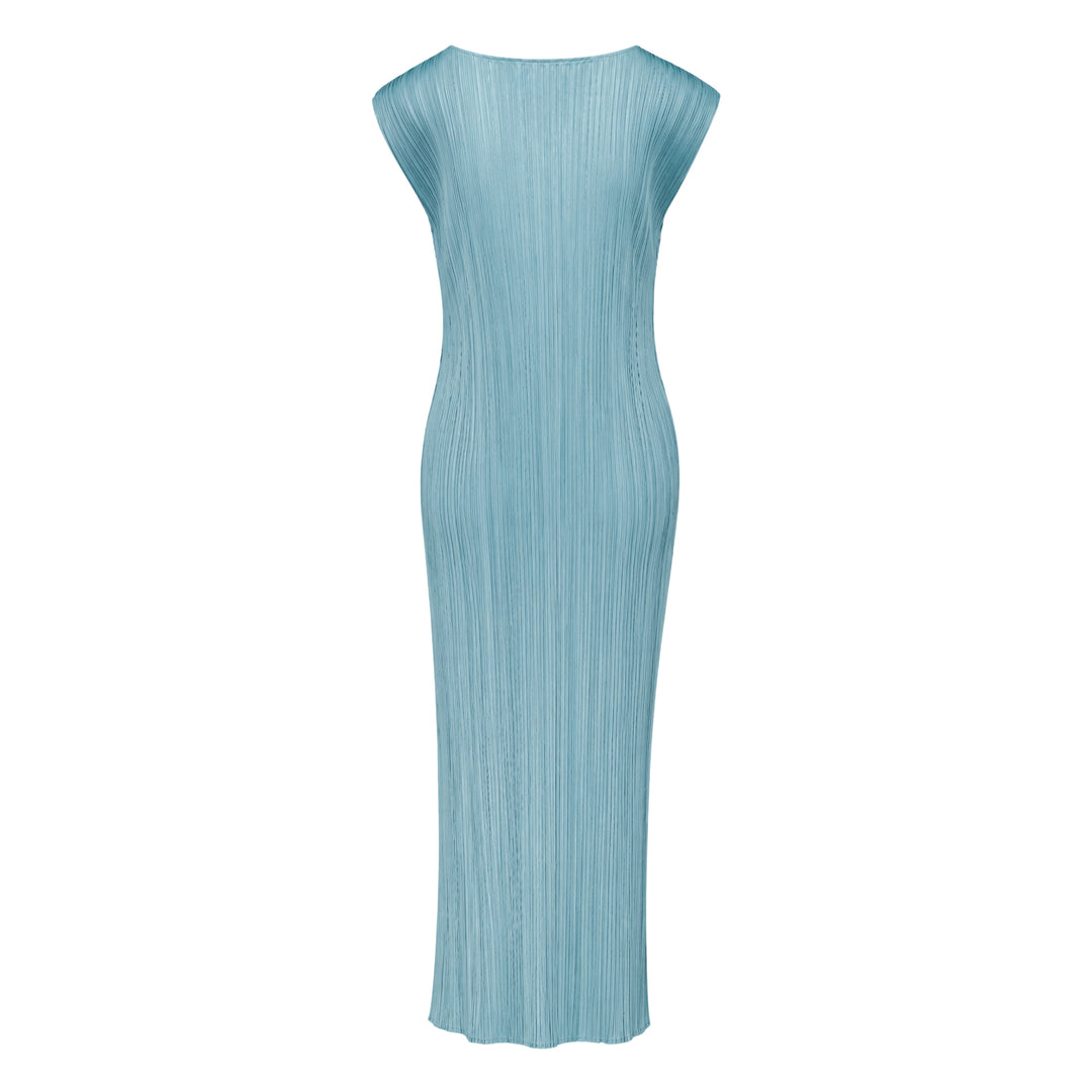 Pleats Please Issey Miyake Fold Dress in teal, featuring directionally engineered permanent pleats, sleeveless silhouette, wide square neckline, and asymmetric maxi hem
