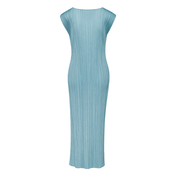 Pleats Please Issey Miyake Fold Dress in teal, featuring directionally engineered permanent pleats, sleeveless silhouette, wide square neckline, and asymmetric maxi hem