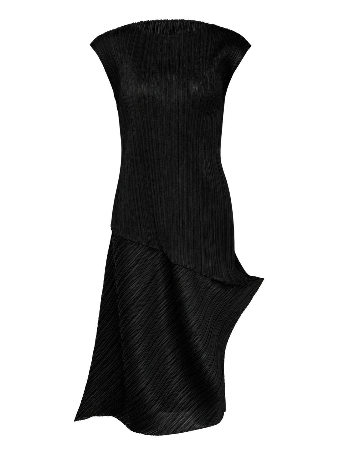 Black sleeveless pleated midi dress by Pleats Please Issey Miyake with vertical pleated bodice and asymmetric diagonal-pleated skirt