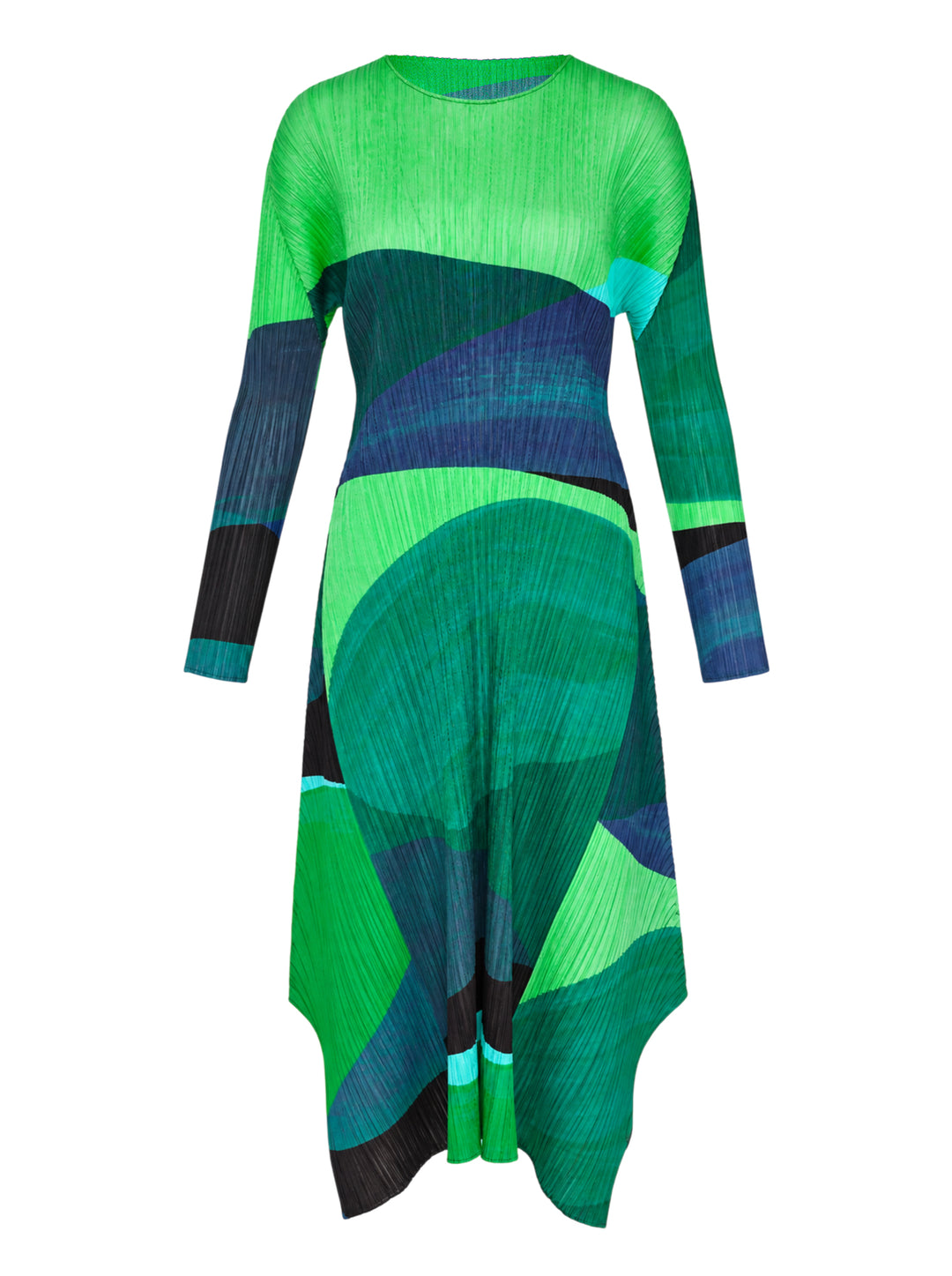 Pleats Please Issey Miyake Orbit long-sleeve pleated midi dress with abstract green, teal and navy colour-blocked print and asymmetric hem
