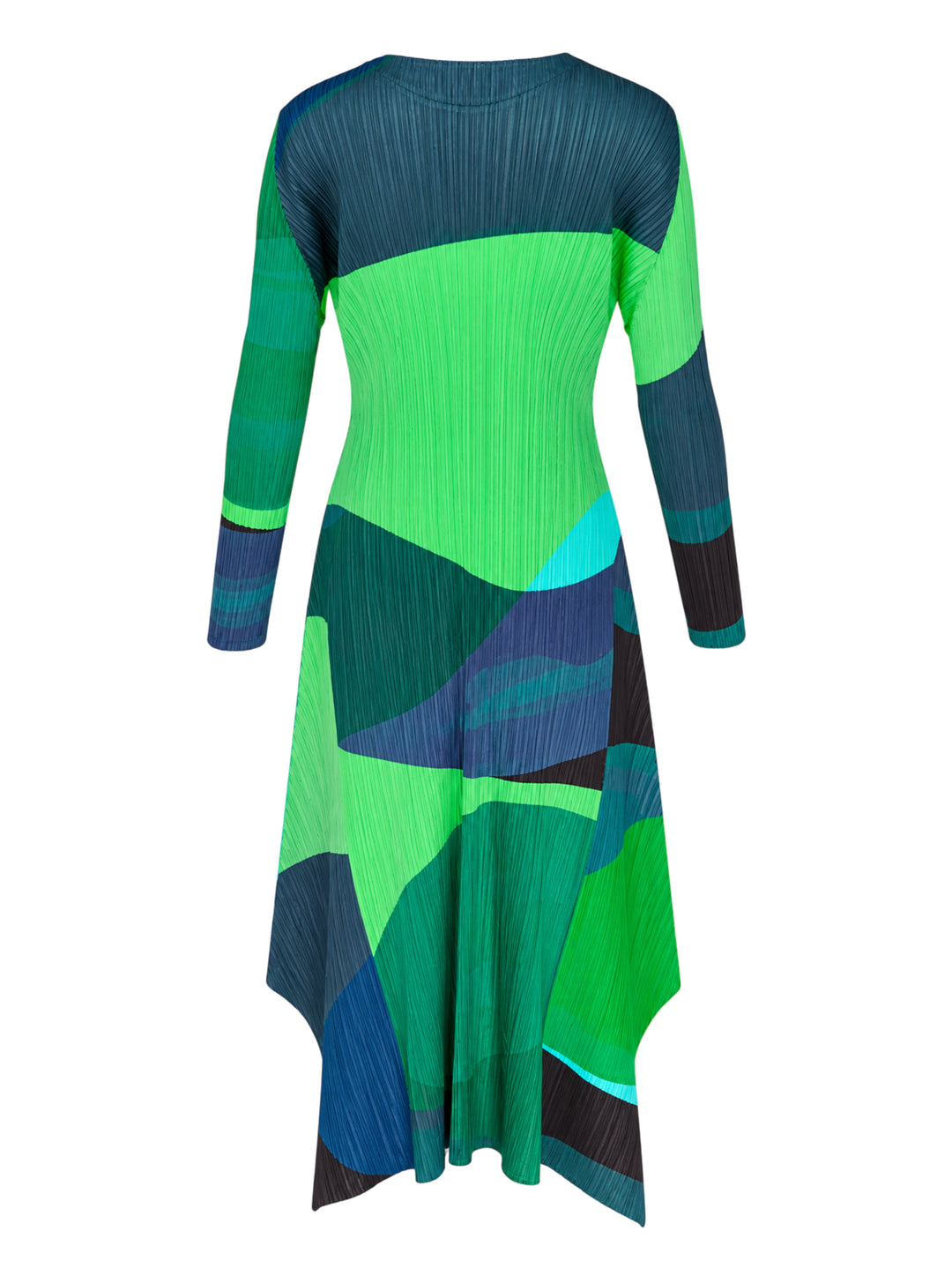 Pleats Please Issey Miyake Orbit long-sleeve pleated midi dress with abstract green, teal and navy colour-blocked print and asymmetric hem - view 2