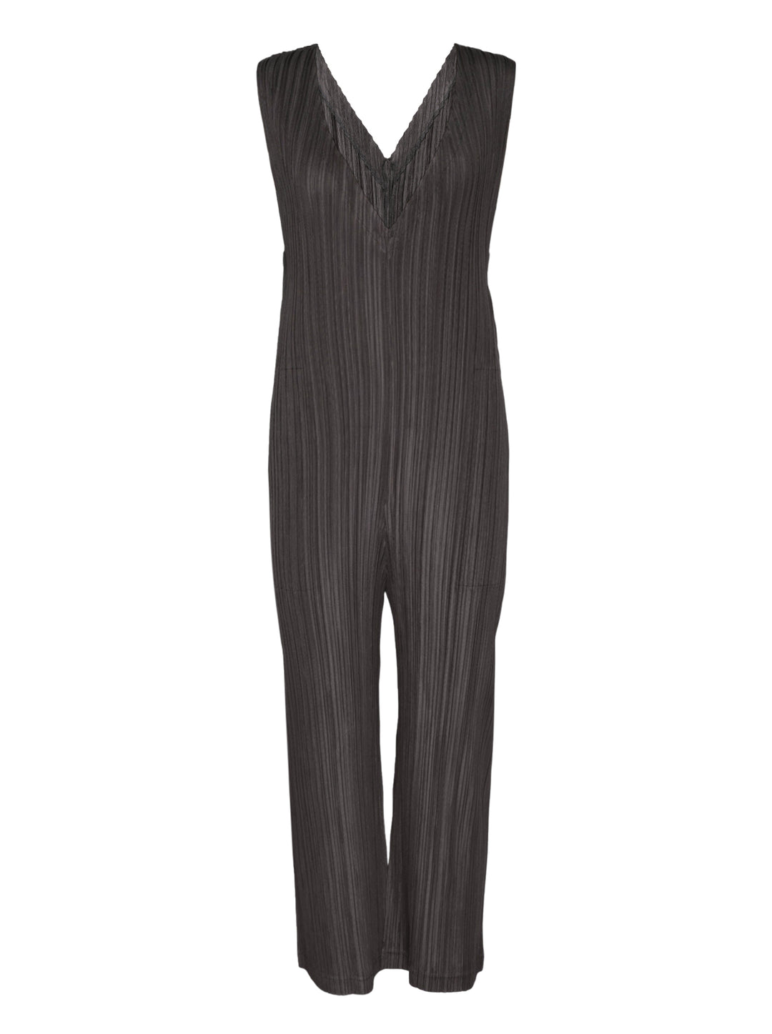 Pleats Please Issey Miyake Thicker Bottoms 2 Jumpsuit in charcoal, featuring a sleeveless V-neck with tonal lace trim, permanent-pleat fabric, and a relaxed wide-leg silhouette