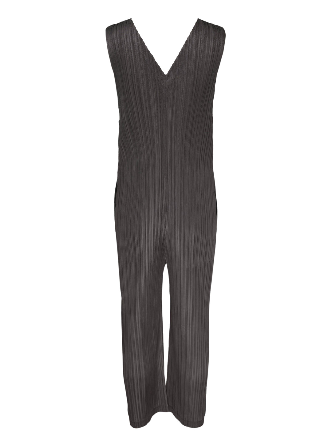 Pleats Please Issey Miyake Thicker Bottoms 2 Jumpsuit in charcoal, featuring a sleeveless V-neck with tonal lace trim, permanent-pleat fabric, and a relaxed wide-leg silhouette - view 2