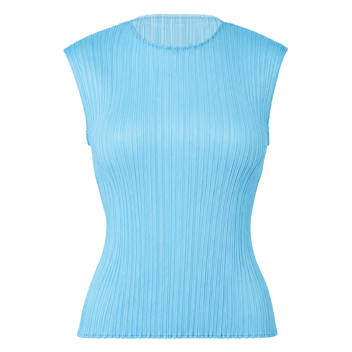 Pleats Please Issey Miyake Monthly Colors August sleeveless mock-neck top in charcoal grey with vertical micro-pleat texture, front view