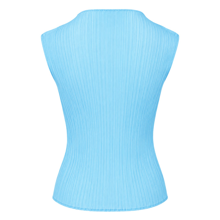 Pleats Please Issey Miyake Monthly Colors August sleeveless mock-neck top in charcoal grey with vertical micro-pleat texture, front view