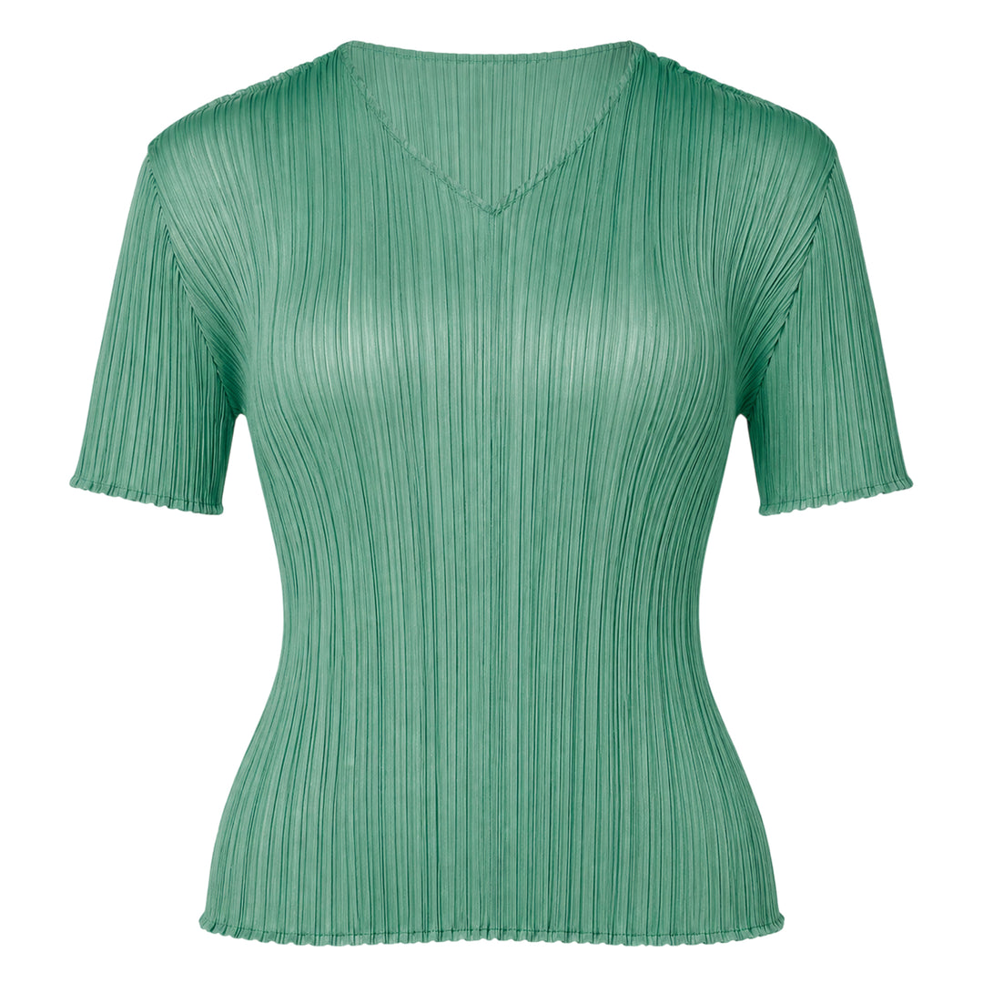Pleats Please Issey Miyake Monthly Colors August short sleeve top in charcoal grey, featuring all-over permanent pleating, a V-neckline, and a fitted silhouette