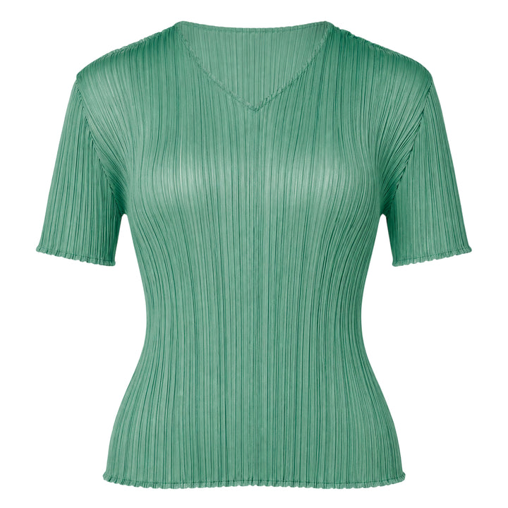 Pleats Please Issey Miyake Monthly Colors August short sleeve top in charcoal grey, featuring all-over permanent pleating, a V-neckline, and a fitted silhouette