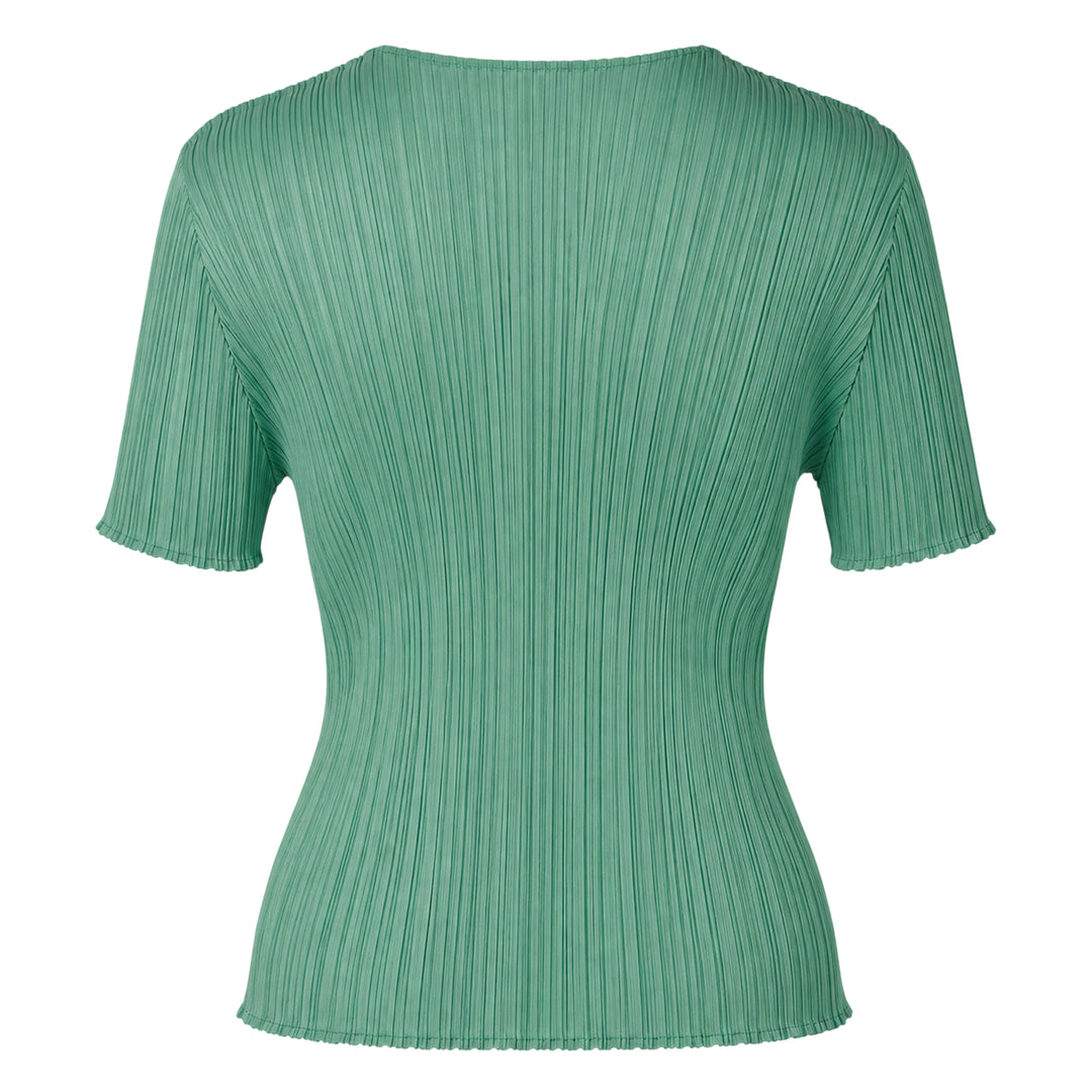 Pleats Please Issey Miyake Monthly Colors August short sleeve top in charcoal grey, featuring all-over permanent pleating, a V-neckline, and a fitted silhouette