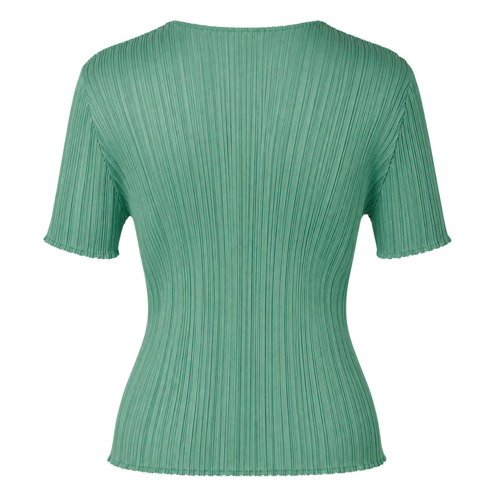 Pleats Please Issey Miyake Monthly Colors August short sleeve top in charcoal grey, featuring all-over permanent pleating, a V-neckline, and a fitted silhouette