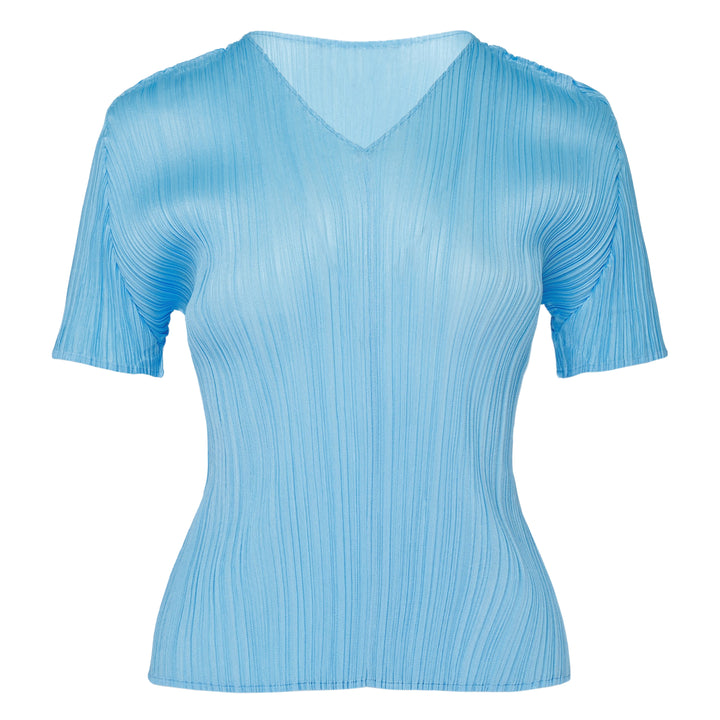 Pleats Please Issey Miyake Monthly Colors August short sleeve top in charcoal grey, featuring all-over permanent pleating, a V-neckline, and a fitted silhouette