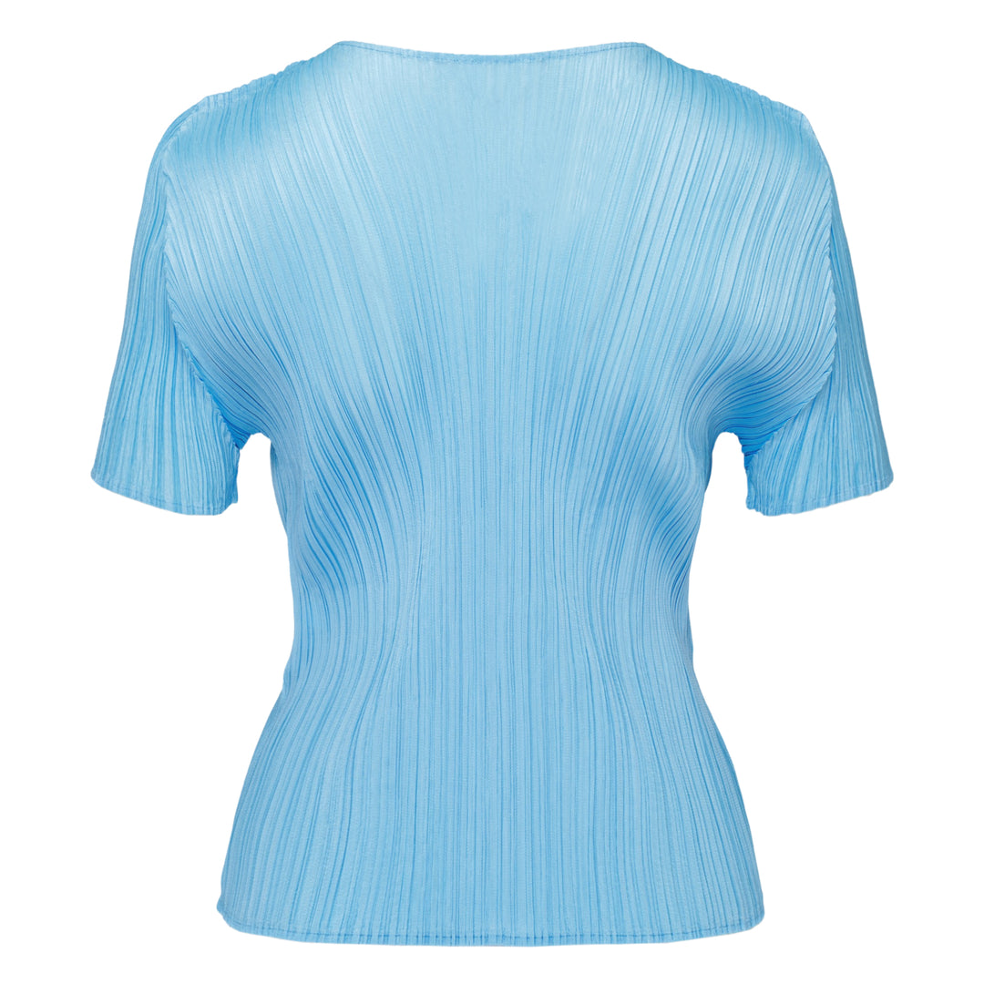 Pleats Please Issey Miyake Monthly Colors August short sleeve top in charcoal grey, featuring all-over permanent pleating, a V-neckline, and a fitted silhouette