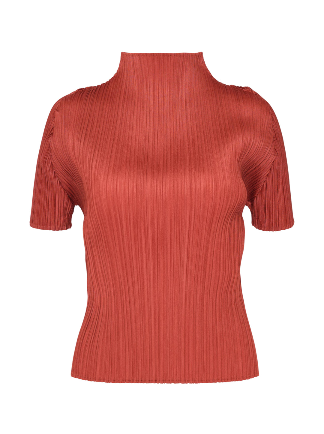 Pleats Please Issey Miyake Monthly Colors September micro-pleated mock neck short sleeve top in rust red