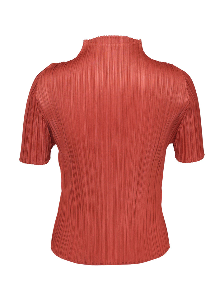 Pleats Please Issey Miyake Monthly Colors September micro-pleated mock neck short sleeve top in rust red - view 2