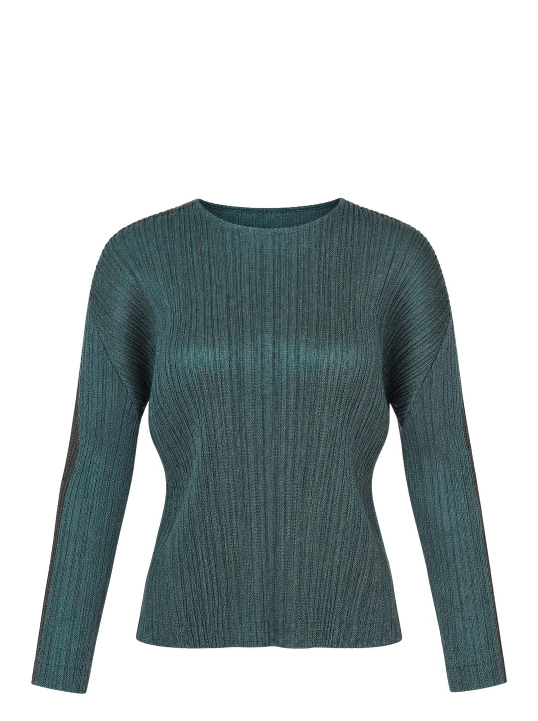 Pleats Please Issey Miyake Cotton Denim long sleeve pleated crew neck top in teal