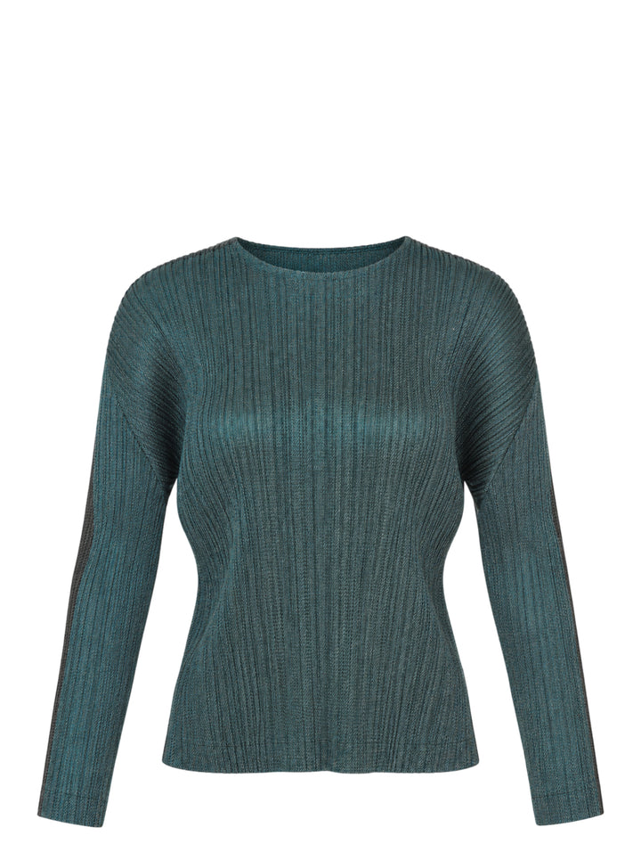 Pleats Please Issey Miyake Cotton Denim long sleeve pleated crew neck top in teal