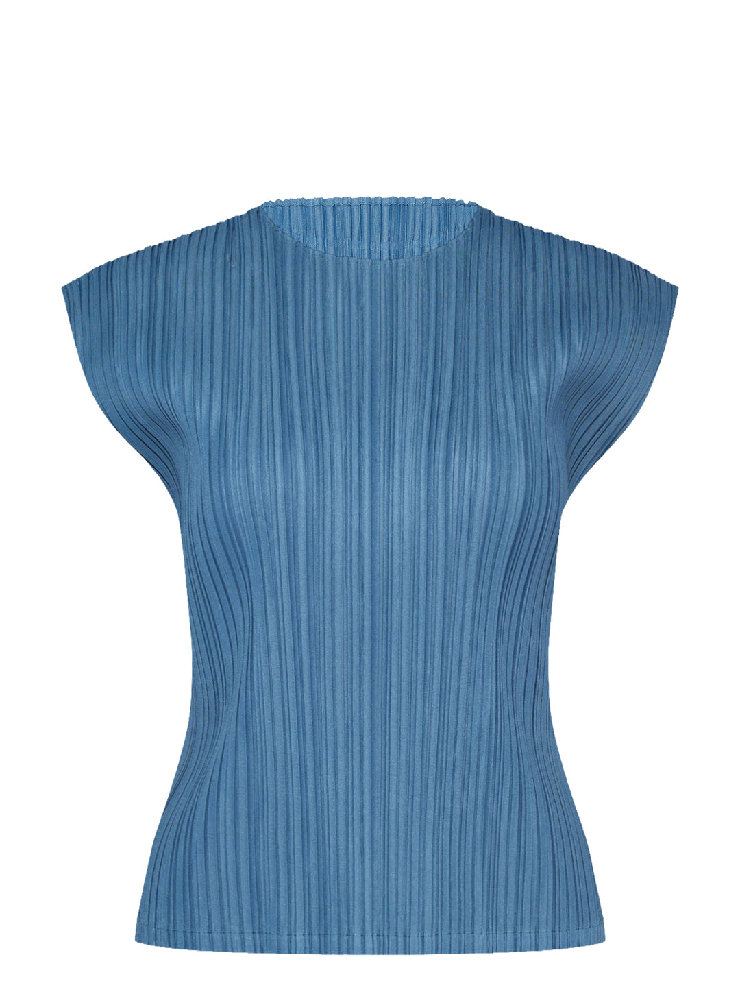 Pleats Please Issey Miyake Mellow Pleats cap-sleeve top in steel blue with all-over vertical plissé pleating and a round neckline