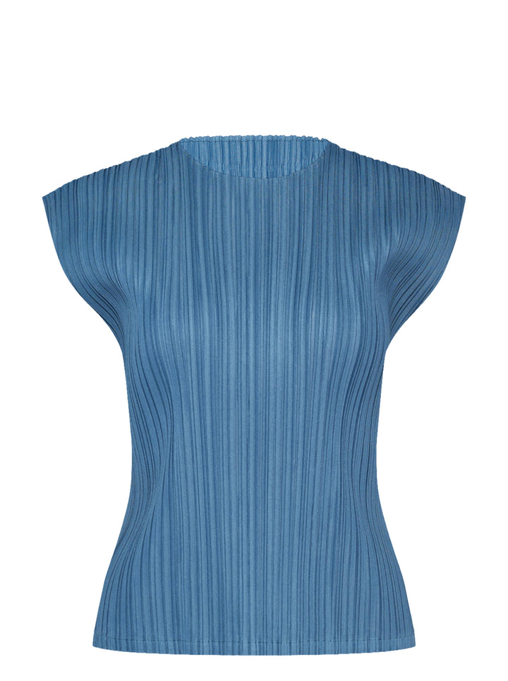 Pleats Please Issey Miyake Mellow Pleats cap-sleeve top in steel blue with all-over vertical plissé pleating and a round neckline