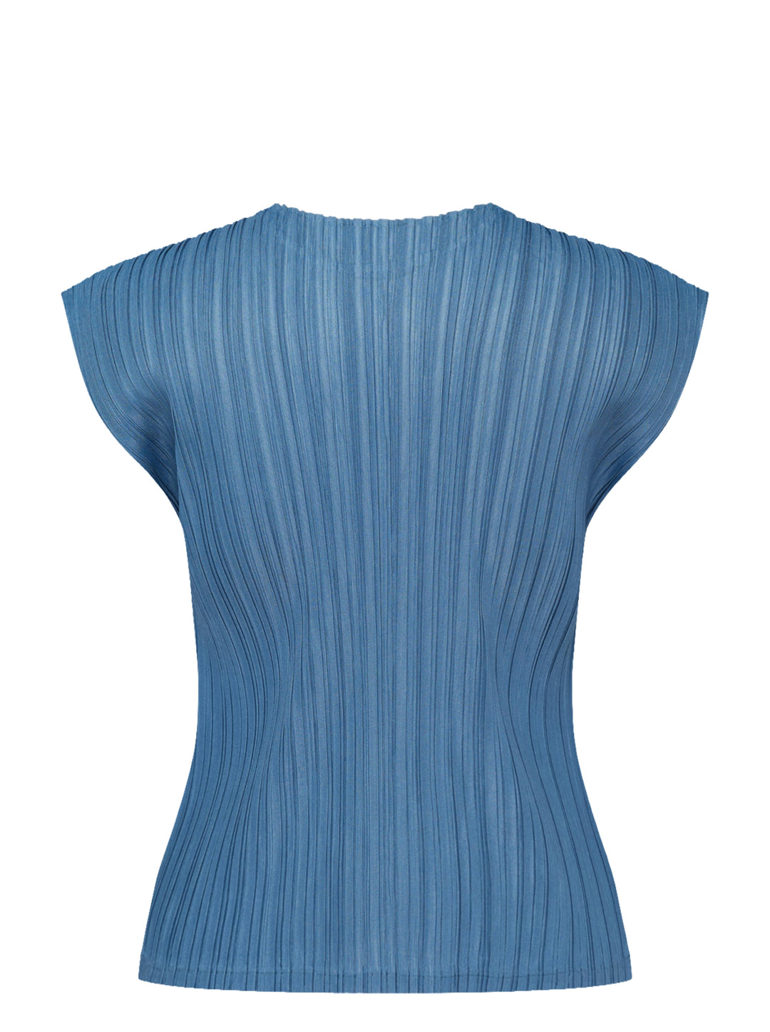 Pleats Please Issey Miyake Mellow Pleats cap-sleeve top in steel blue with all-over vertical plissé pleating and a round neckline - view 2