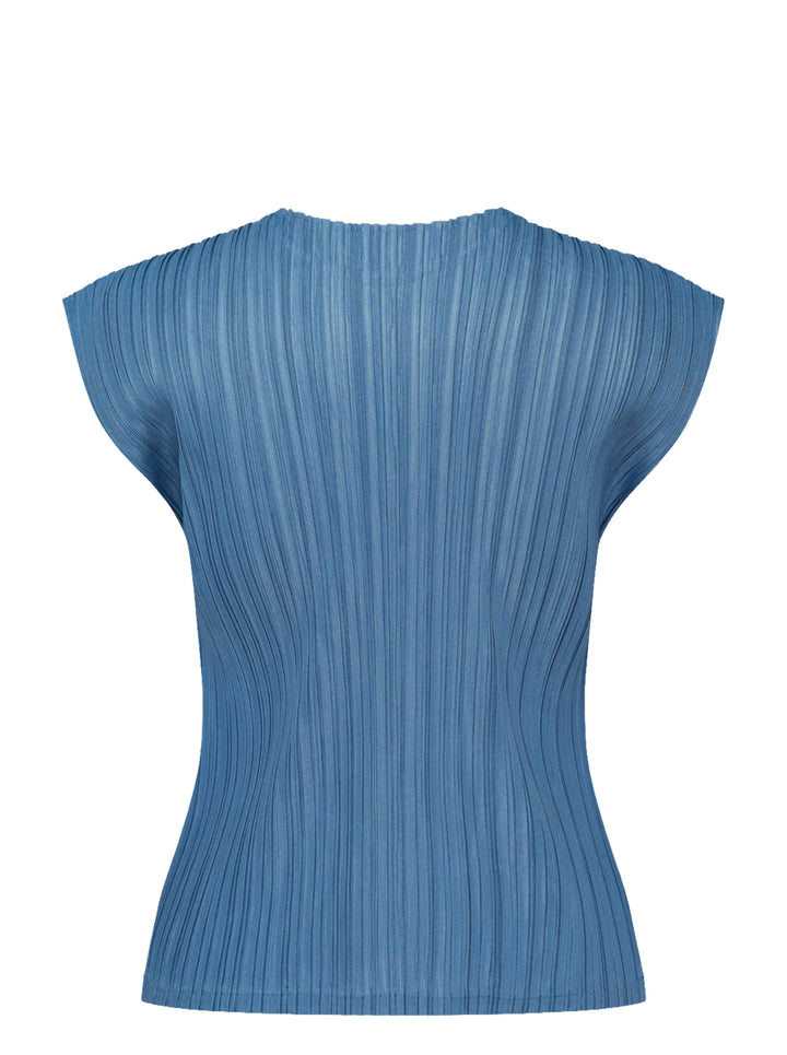 Pleats Please Issey Miyake Mellow Pleats cap-sleeve top in steel blue with all-over vertical plissé pleating and a round neckline - view 2