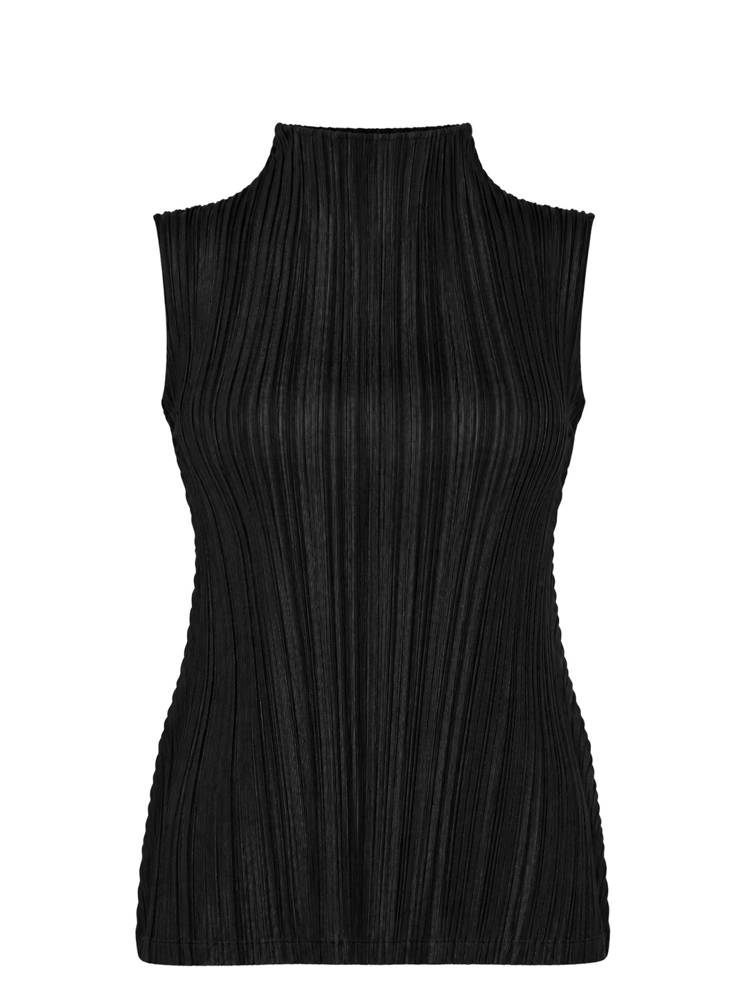 Pleats Please Issey Miyake Mellow Pleats black sleeveless mock-neck top with fine vertical pleating throughout and a fitted silhouette