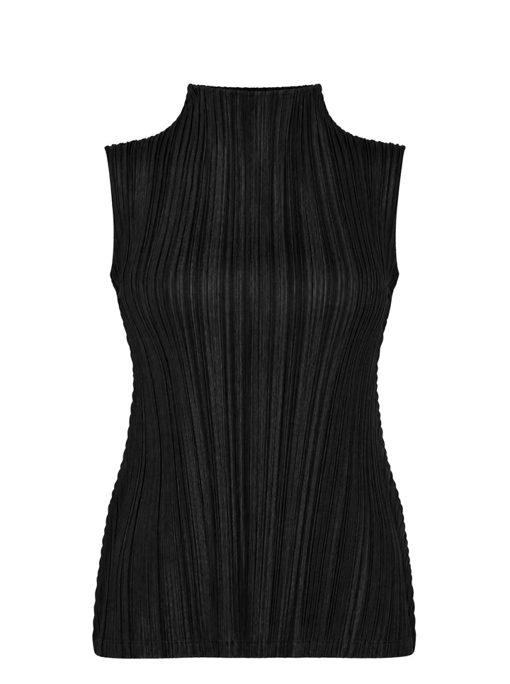 Pleats Please Issey Miyake Mellow Pleats black sleeveless mock-neck top with fine vertical pleating throughout and a fitted silhouette