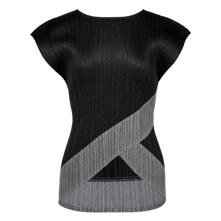 Pleats Please Issey Miyake Twirl cap-sleeve pleated top in black with a diagonal geometric grey colour-block panel crossing at the lower body