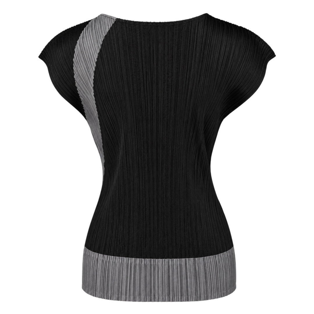 Pleats Please Issey Miyake Twirl cap-sleeve pleated top in black with a diagonal geometric grey colour-block panel crossing at the lower body