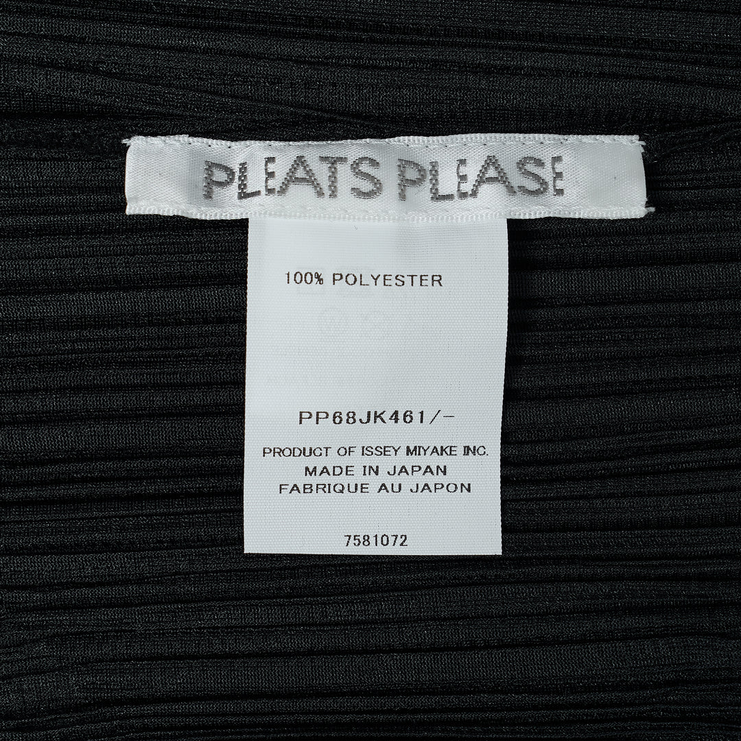 Pleats Please Issey Miyake Twirl cap-sleeve pleated top in black with a diagonal geometric grey colour-block panel crossing at the lower body