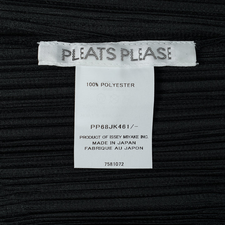 Pleats Please Issey Miyake Twirl cap-sleeve pleated top in black with a diagonal geometric grey colour-block panel crossing at the lower body