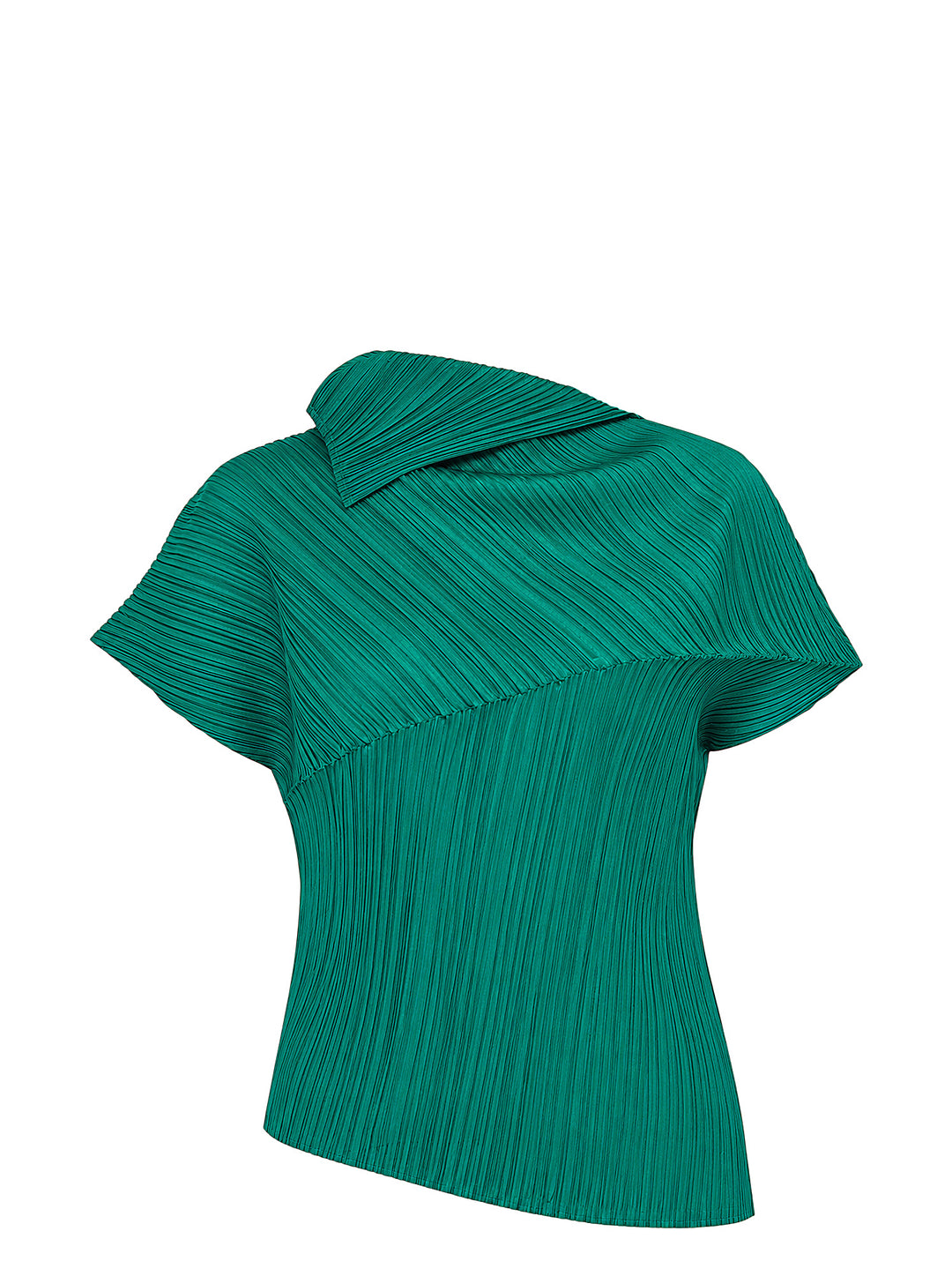Emerald green LEAP pleated top by Pleats Please Issey Miyake with asymmetric folded collar and short sleeves