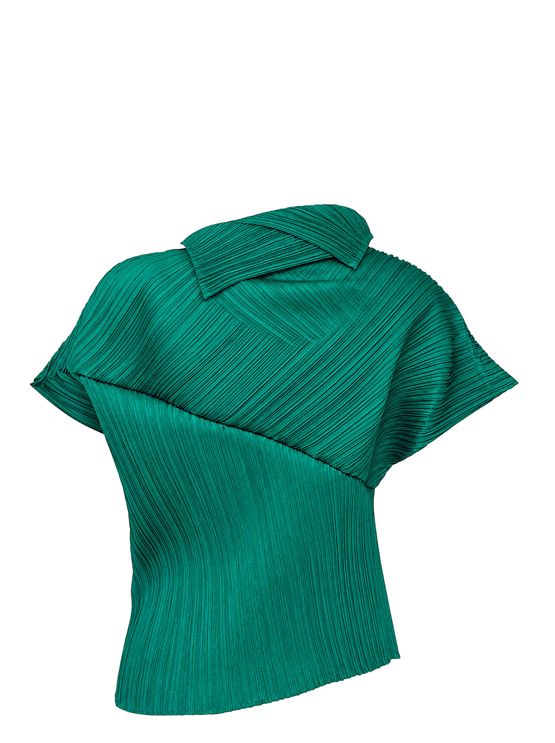 Emerald green LEAP pleated top by Pleats Please Issey Miyake with asymmetric folded collar and short sleeves - view 2