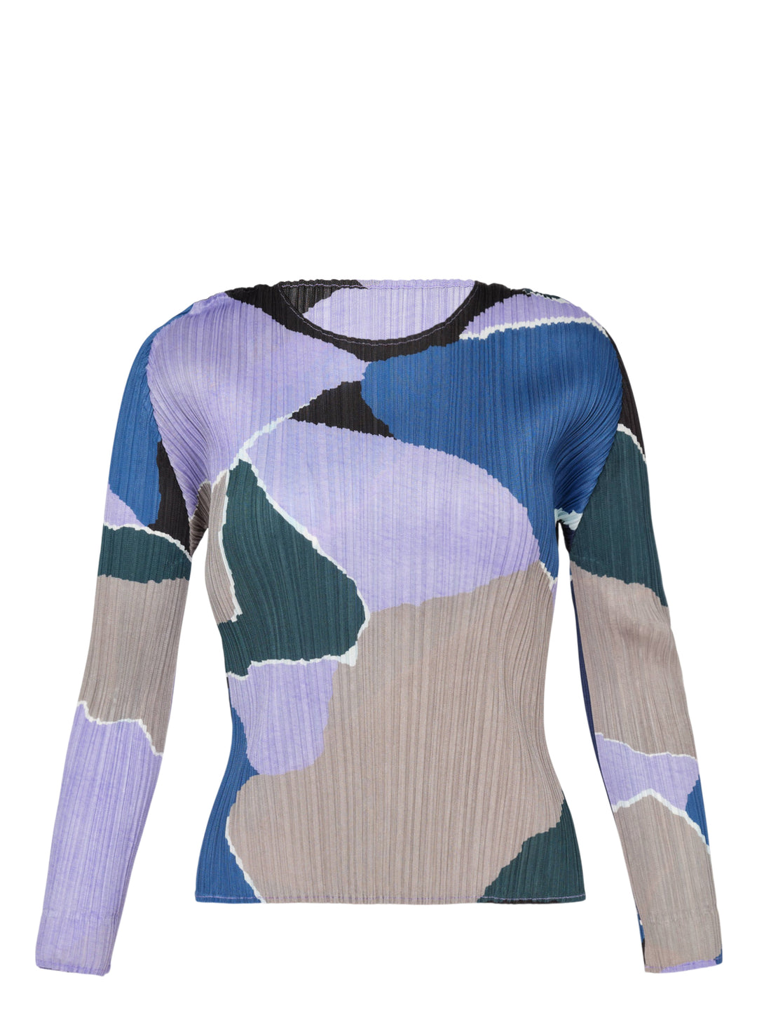 Pleats Please Issey Miyake SURPRISE! long sleeve round-neck top featuring permanent pleating and an abstract multicolour print in lavender, cobalt blue, teal, taupe, and black