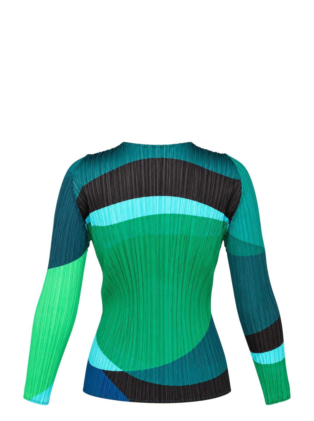 Pleats Please Issey Miyake ORBIT long sleeve pleated top with abstract geometric colour-blocking in green, teal, navy and black - view 2