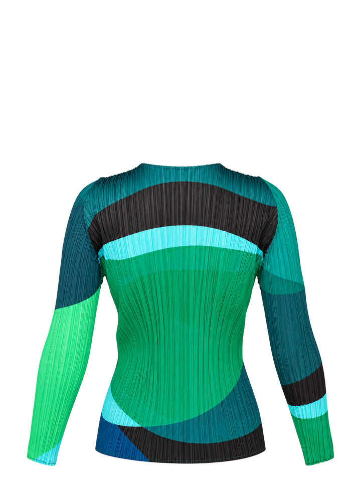 Pleats Please Issey Miyake ORBIT long sleeve pleated top with abstract geometric colour-blocking in green, teal, navy and black - view 2