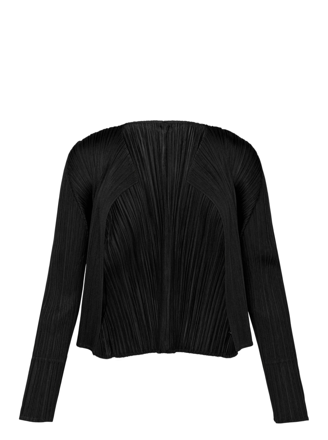 Pleats Please Issey Miyake Monthly Colors September black pleated open-front cardigan, back view, featuring radiating fan pleats from the yoke and long sleeves