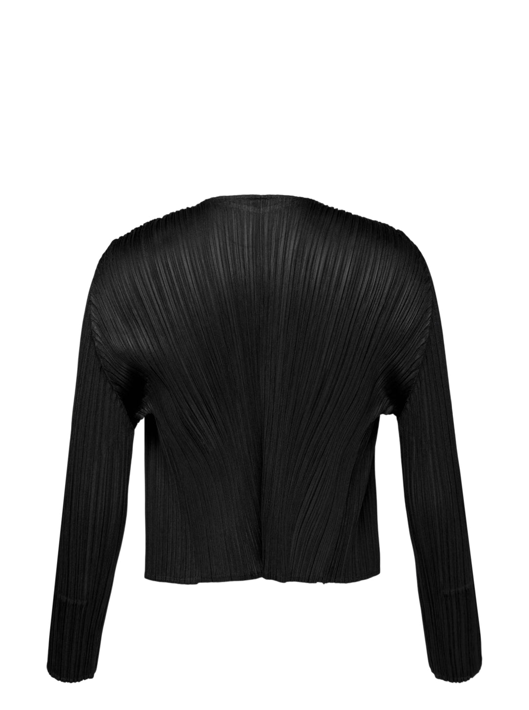 Pleats Please Issey Miyake Monthly Colors September black pleated open-front cardigan, back view, featuring radiating fan pleats from the yoke and long sleeves - view 2