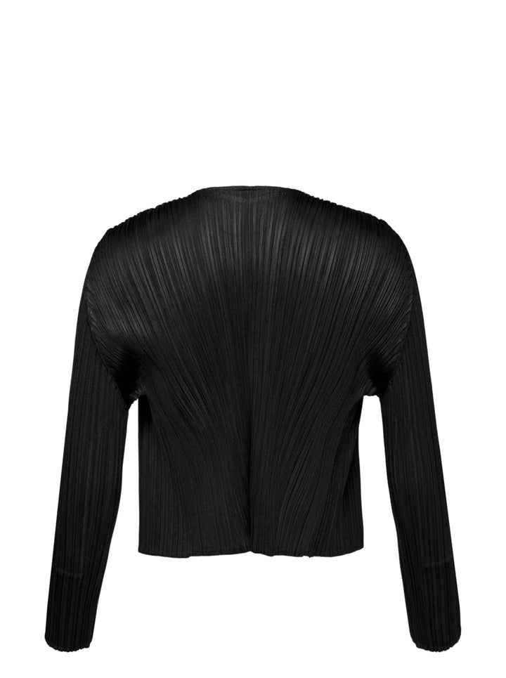 Pleats Please Issey Miyake Monthly Colors September black pleated open-front cardigan, back view, featuring radiating fan pleats from the yoke and long sleeves - view 2