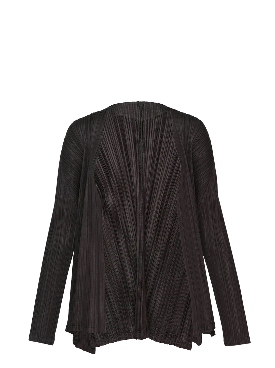Pleats Please Issey Miyake Mellow Pleats Cardigan in black, rear view, showing radiating fine pleats and open-front long-sleeve silhouette