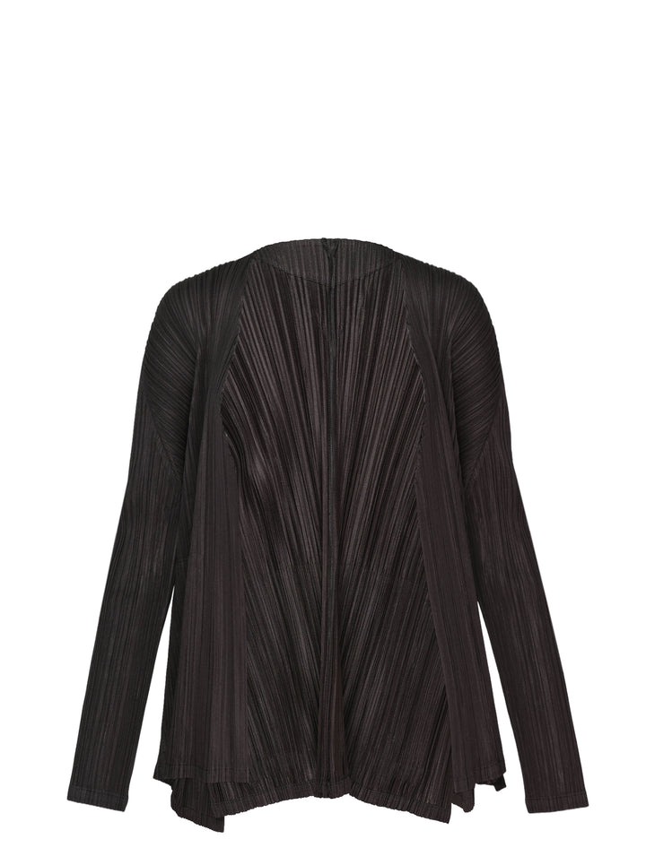 Pleats Please Issey Miyake Mellow Pleats Cardigan in black, rear view, showing radiating fine pleats and open-front long-sleeve silhouette