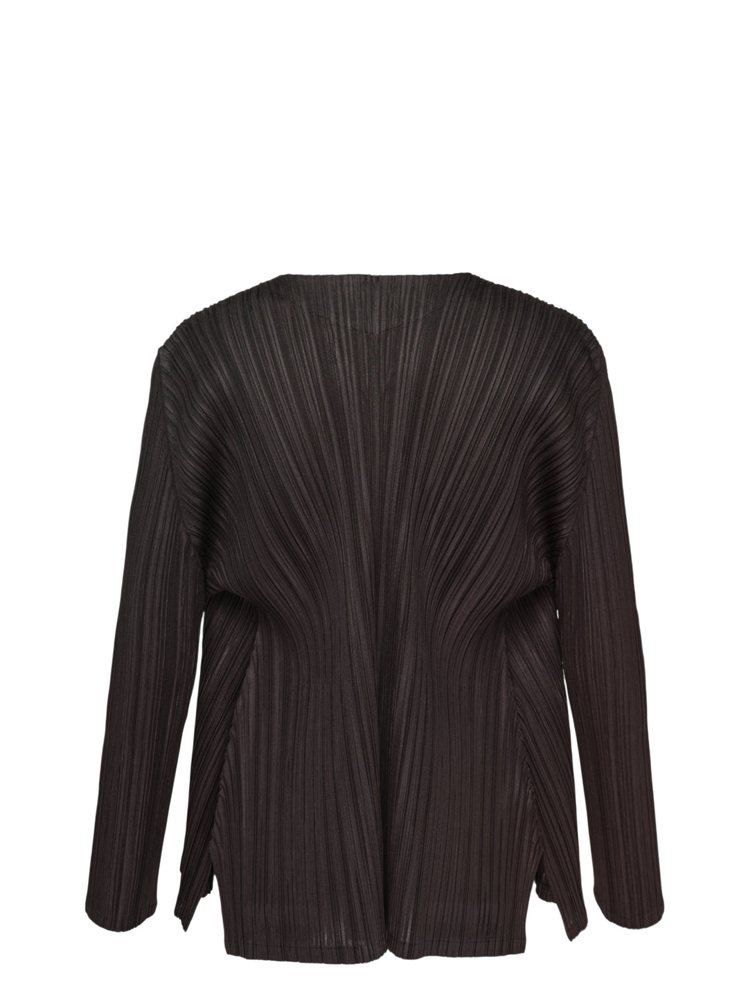 Pleats Please Issey Miyake Mellow Pleats Cardigan in black, rear view, showing radiating fine pleats and open-front long-sleeve silhouette - view 2