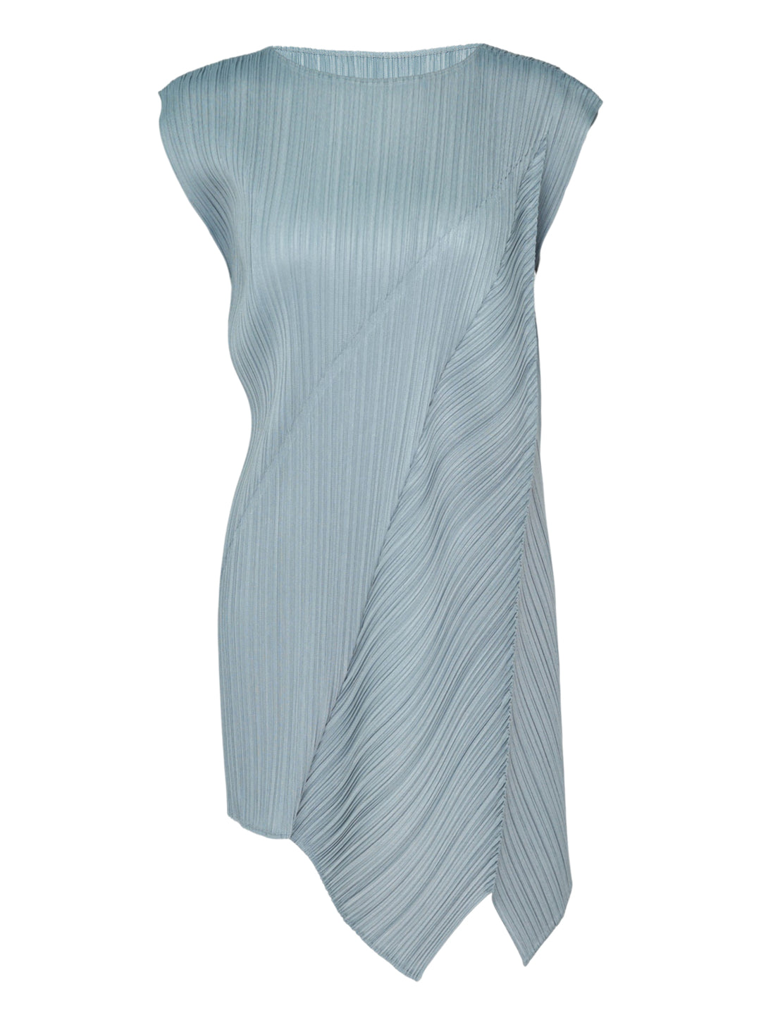 Pleats Please Issey Miyake FOLD sleeveless pleated tunic in blue-grey with diagonal seam and asymmetric hem